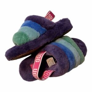 UGG Fluff Yeah Purple Green Blue Fuzzy Slide Slippers Size 7